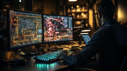 A male IT specialist sits in front of monitors with many lights. Profession of a developer or tester of the future. Illustration on the theme of working from home at the computer.