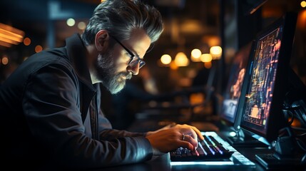 A male IT specialist sits in front of monitors with many lights. Profession of a developer or tester of the future. Illustration on the theme of working from home at the computer.