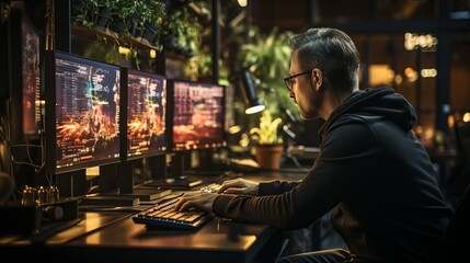 A male IT specialist sits in front of monitors with many lights. Profession of a developer or tester of the future. Illustration on the theme of working from home at the computer.