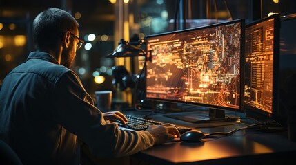 A male IT specialist sits in front of monitors with many lights. Profession of a developer or tester of the future. Illustration on the theme of working from home at the computer.