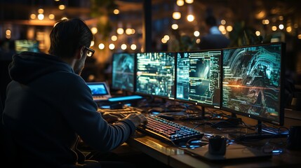 A male IT specialist sits in front of monitors with many lights. Profession of a developer or tester of the future. Illustration on the theme of working from home at the computer.