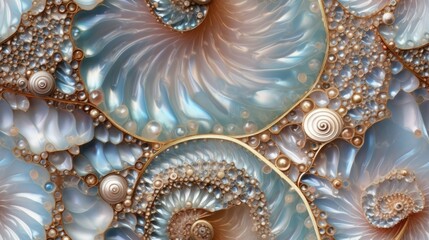 Poster - Seamless texture of Pearlescent ocean ammonite, soft pastel color shades, abstract fossil pattern, macro closeup fractal details, seashell mollusk spirals - generative ai