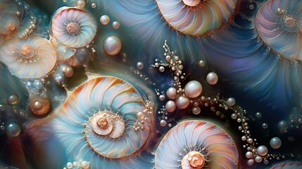 Poster - Seamless texture of Pearlescent ocean ammonite, soft pastel color shades, abstract fossil pattern, macro closeup fractal details, seashell mollusk spirals - generative ai