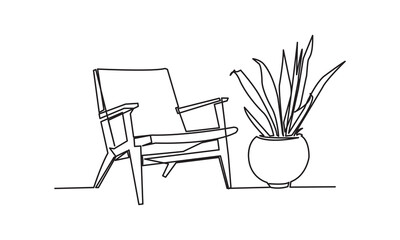 Continuous one line drawing of armchair and with potted plant. Scandinavian stylish furniture in simple linear style. Vector illustration