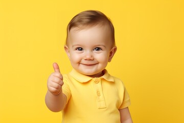 a toddler giving a thumbs up on yellow background
