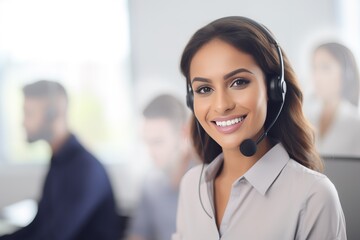 portrait of a smiling customer agent, call center, customer service or support 