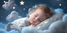Little Cute Baby Sleeps In His Bed. The Theme Of Dreams. Generative AI