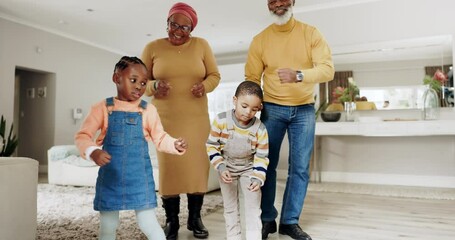 Poster - Family, children and grandparents dancing in a house with happiness, fun energy or bond of love. African man, woman and kids moving to music or celebrate time together while playing game with freedom