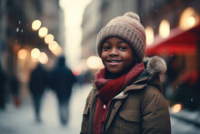 Happy Black American Child Looking Straight, Walking On The City Street, Christmas Time, Daylight. Generated Ai