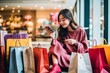 © Ameer - Exploring fashion: asian woman's trendy mobile shopping adventure with colorful bags & stylish finds