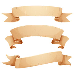 Wall Mural - set parchment paper scroll ribbon, old vintage banner game ui element in cartoon style isolated on w