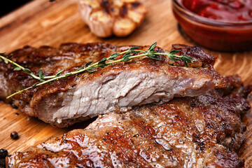 Meat steak on the wooden board