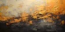 Closeup Of Abstract Rough Black Gold Art Painting Texture, With Oil Brushstroke, Pallet Knife Paint On Canvas (Generative Ai)