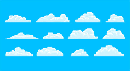 Cloud pixel. Pixel cloudscape, cloud masses at blue sky. Pixelated icons for game setting and scenery. 8 bit playing background or arcade in retro old school.