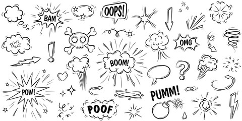 Set of hand drawn elements doodle comic isolated on white background