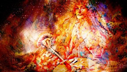 Poster - shamanic girl with frame drum on abstract structured space background. Loop Animation.