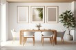 mock up of a frame in a contemporary, minimalist room with all white furnishings, including a wooden table and seating in the dining area,