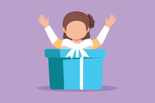 Character Flat Drawing Of Happy Adorable Little Girl Holding Big Ribbon Bow Wrapped Gift Box In Front Of Her In Arms. Beautiful Young Cute Girl Accept Birthday Gift. Cartoon Design Vector Illustration