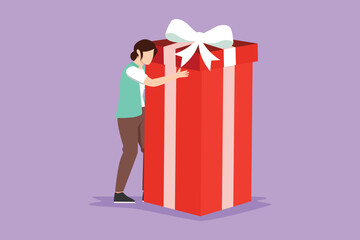 Wall Mural - Character flat drawing of happy beautiful girl hugging huge birthday gift. Young satisfied woman standing near wrapped birthday gift box with bow. Present, birthday. Cartoon design vector illustration