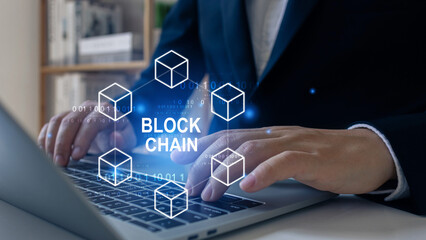 Businessman using blockchain technology fintech cryptocurrency, Chain of network connections, block chain server, security , binary coded icons.