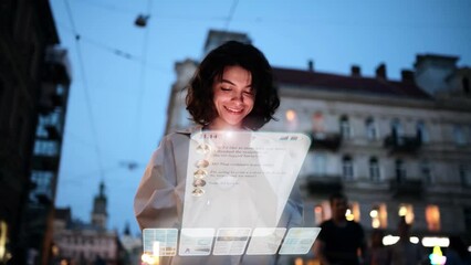 Wall Mural - Beautiful Smiling Woman Using Phone on a City Street at Night. Visualization of Social Media, Chatting, Texting, Messaging App Icons Flying Around the Phone. Social Networking Service