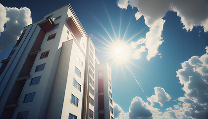 Wall Mural - Blue sky with white clouds and sun over a residential building in the summer, Ai generated image