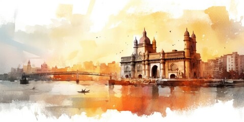 Mumbai, India, is a city. A view of a structure and a landmark. A watercolor splash and a hand drawn sketch are both formatted examples.