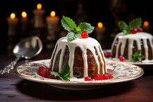 Christmas Pudding Is Traditional Festive British Dish, Close-up Of Delicious Sweet Dessert With Cranberries On Plate