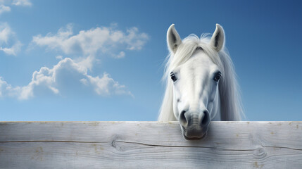 Wall Mural - close-up horse peeking out from behind a wooden plank, on a blue background, banner, space for text