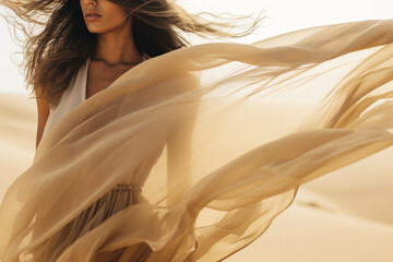 Woman in a long dress walking in the desert with flowing fabric in the wind