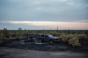 Canvas Print - An abandoned destroyed car - Generative AI