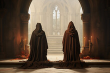 Medieval Monks Embracing Ancient Faith, A Captivating Rear View