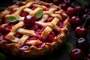 Cherry pie, closeup traditional dutch pastry sweet dessert with berries