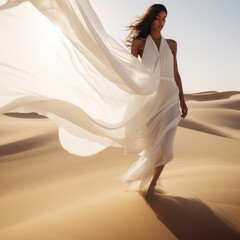 Woman in a long white dress walking in the desert with flowing fabric in the wind
