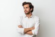 © Ameer - sad handsome man sulking, feeling regret and looking upper left corner over isolated white background