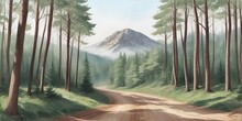 Gravel Road Through The Forest. AI Generated Illustration