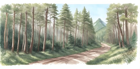 Wall Mural - Gravel road through the forest. AI generated illustration