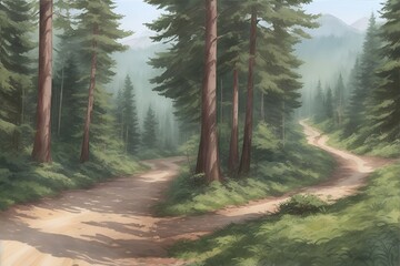 Wall Mural - Gravel road through the forest. AI generated illustration