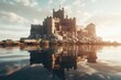 Using generative AI methods, a medieval castle on an island in the water is shown in the early morning.