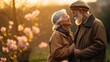 © Ameer - Side view of senior couple hugging outside in spring nature at sunset