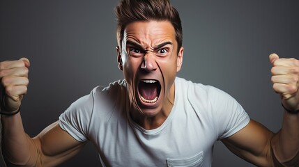 The young emotional angry man screaming on white studio background