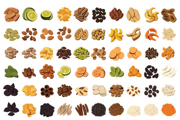dried fruits and nuts set vector flat isolated illustration