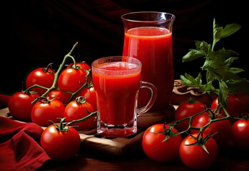 Wall Mural - Tomato juice in cup and large glass isolated on black background with fresh tomatoes