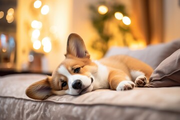 Canvas Print - A Corgi, which is a specific breed of dog, is seen relaxing on a bed in a home. The photo captures the Corgi in great detail and clarity.