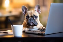 A Tired French Bulldog Is Seen Sitting On A Chair And Gazing Wearily At The Camera While Working On A Laptop. It Is Positioned On A Table Alongside A Coffee Cup, Portraying The Amusing And Adorable
