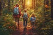 © Ameer - parent and child in autumn forest - happy family mother and children with backpacks went hiking in forest