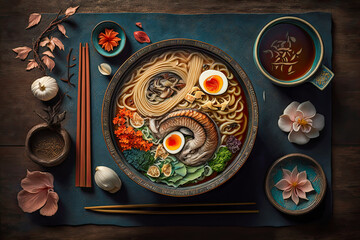 Wall Mural - Asian noodle soup, ramen with chicken, tofu, vegetables and egg in black bowl. Dark background - Generative AI