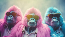 Three Gorillas In Pastel Pink And Blue Colors With Sunglasses, Taking A Selfie. Concept Of Trendy Anthropomorphism.