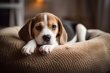 An Adorable Beagle Puppy Resting In A Cozy Dog Bed At Its Home. A Cute And Lovable Pet.