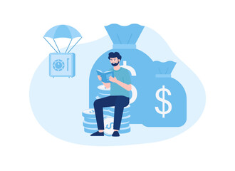 Wall Mural - a man sitting on a stack of coins with a bag of money in the background concept flat illustration